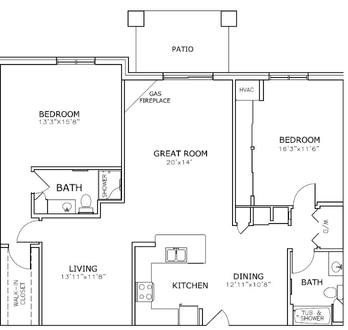 Floor plan for 2 beds, 2 baths, 1070 sqft